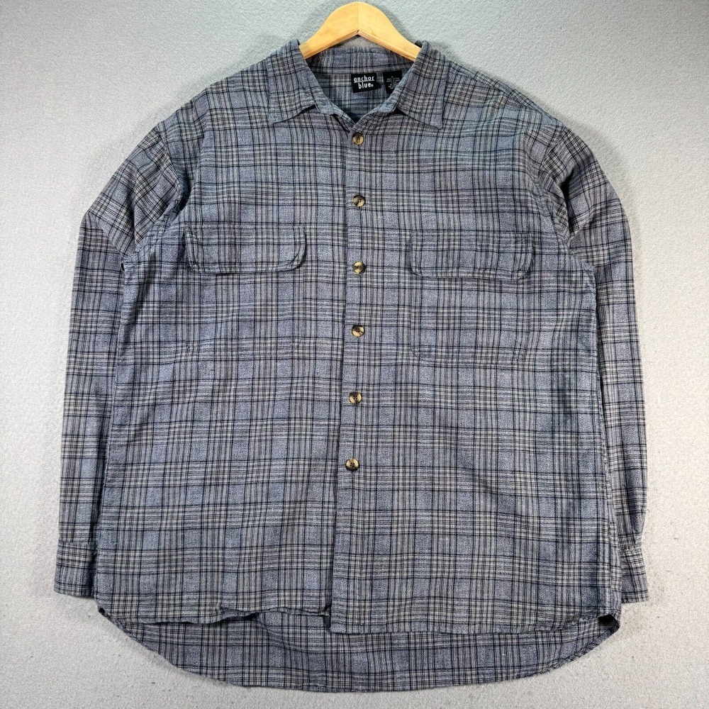 Anchor Blue Button Up Shirt Mens Large Blue Double Flap Pockets Plaid Casual